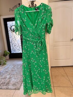 DKNY Bright Green Floral Wrap Midi Dress